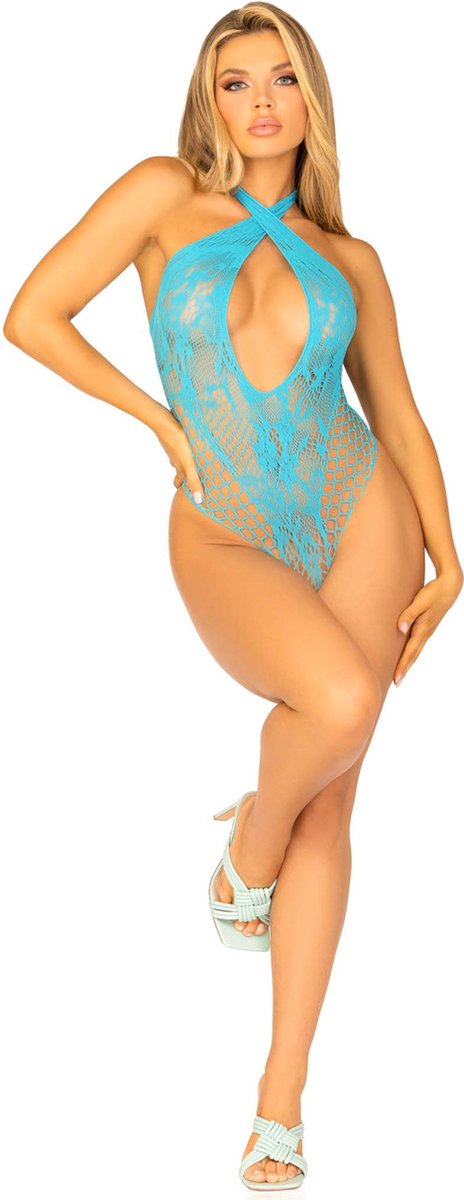 Leg Avenue Halterbody van kant en netstof - Turkoois - Blauw