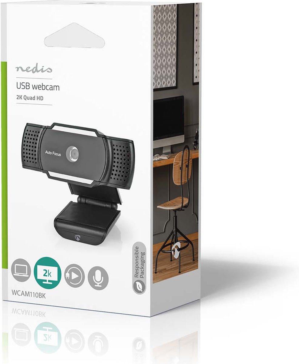 Nedis Webcam | 2K@30fps | Automatische Scherpstelling | Ingebouwde Microfoon | Zwart