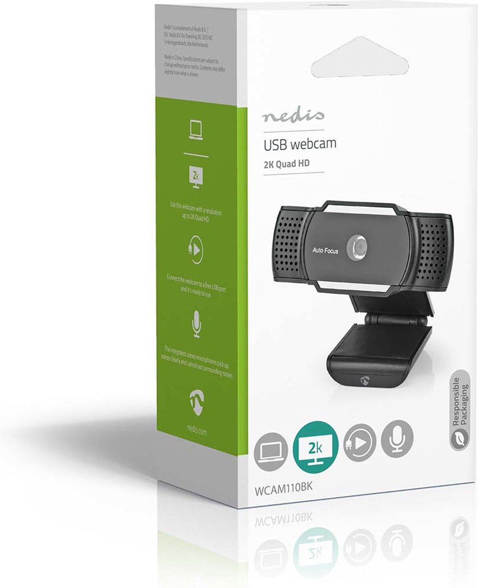 Nedis Webcam | 2K@30fps | Automatische Scherpstelling | Ingebouwde Microfoon | Zwart