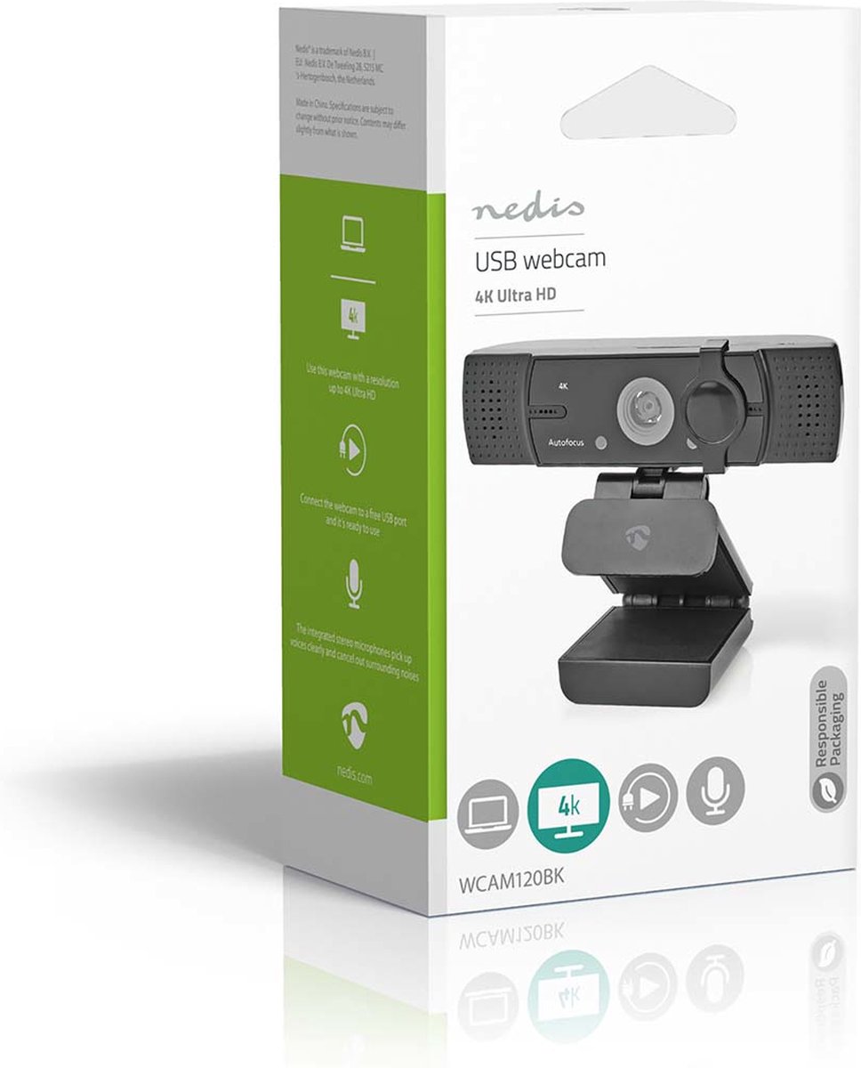 Nedis Webcam | Full HD@60fps / 4K@30fps | Automatische Scherpstelling | Ingebouwde Microfoon | - Zwart