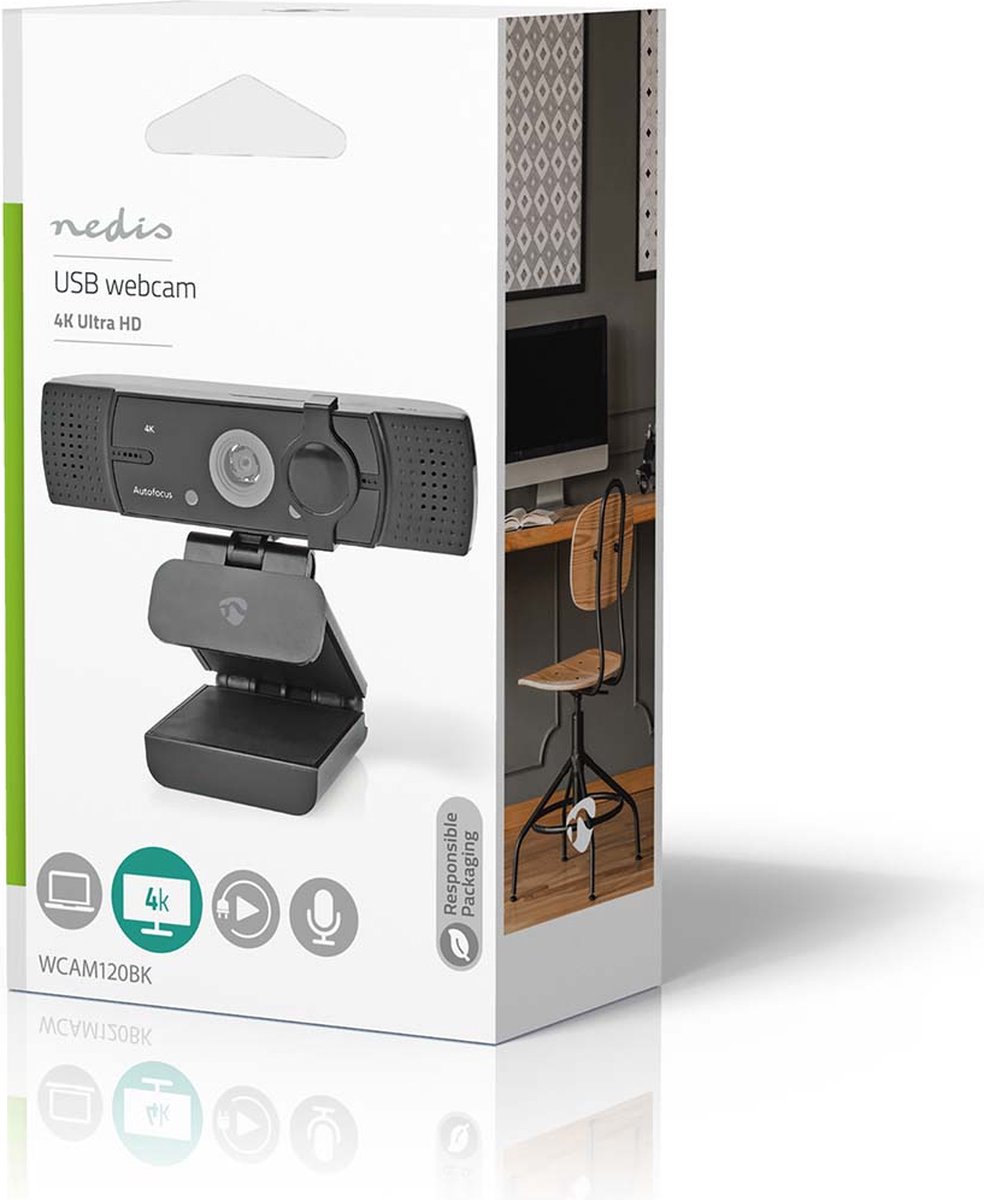 Nedis Webcam | Full HD@60fps / 4K@30fps | Automatische Scherpstelling | Ingebouwde Microfoon | - Zwart