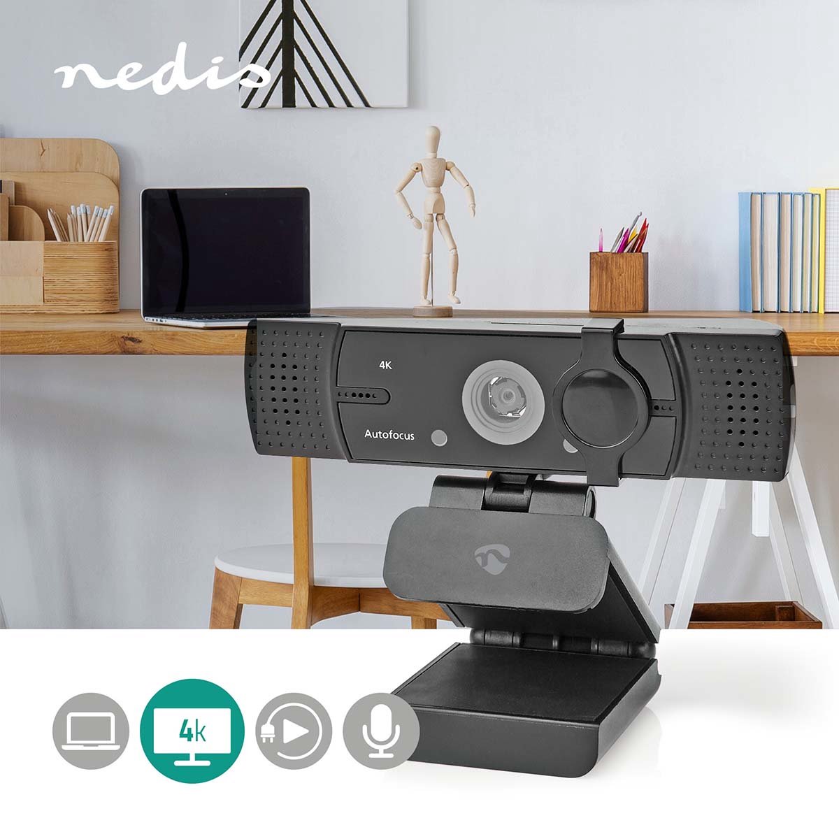 Nedis Webcam | Full HD@60fps / 4K@30fps | Automatische Scherpstelling | Ingebouwde Microfoon | - Zwart