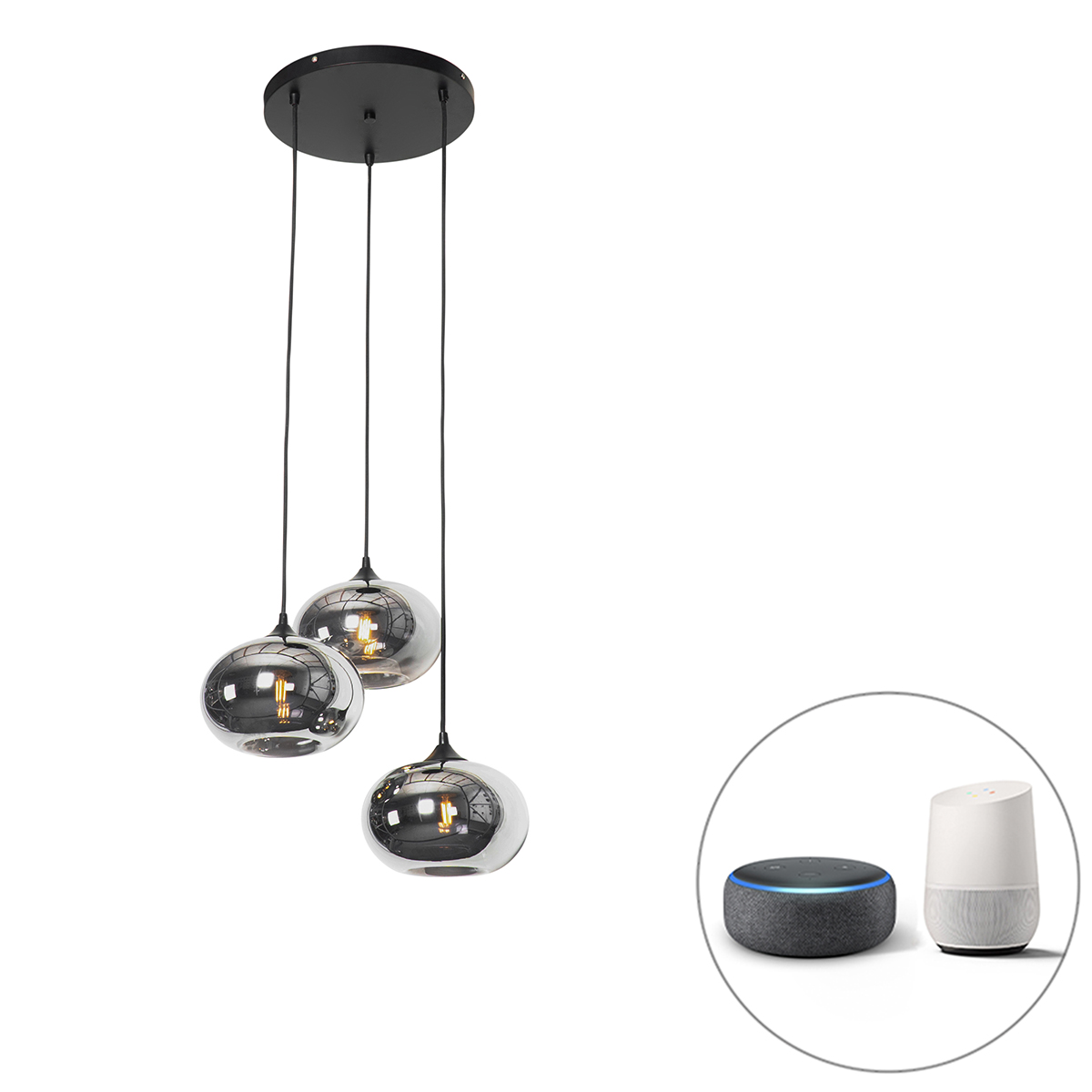 QAZQA Smart hanglamp met smoke glas incl. 3 Wifi P45 - Busa - Zwart