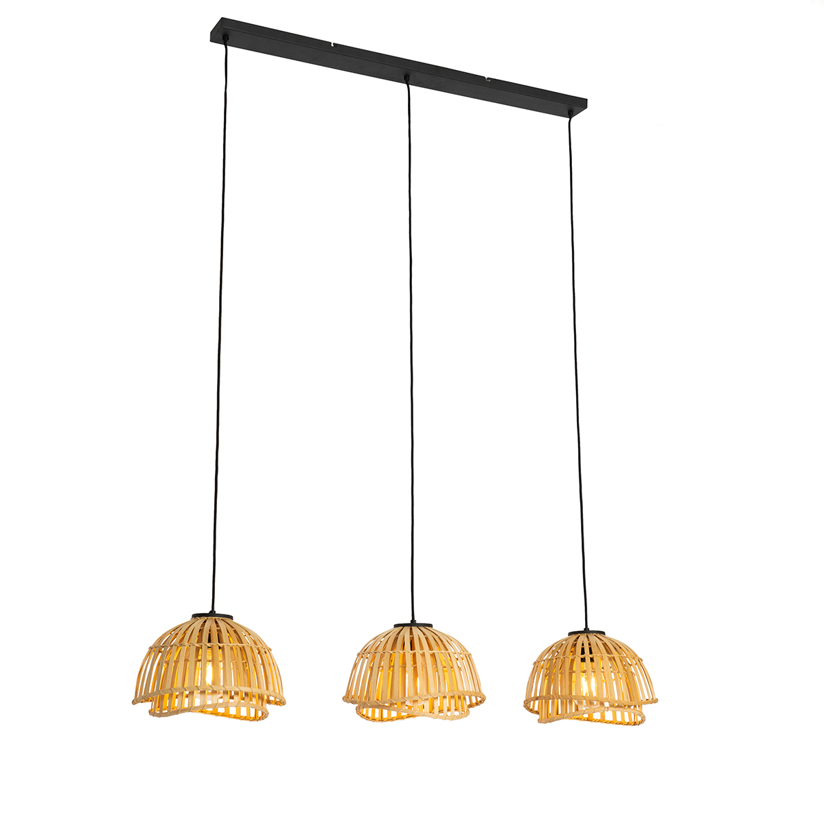 QAZQA Oosterse hanglamp zwart met naturel bamboe 3-lichts - Pua