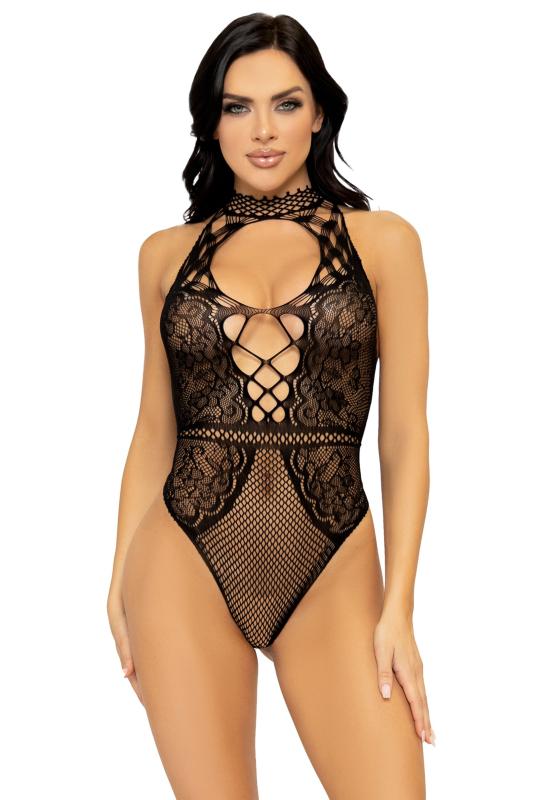 Leg Avenue Visnet Kanten Bodysuit - Zwart