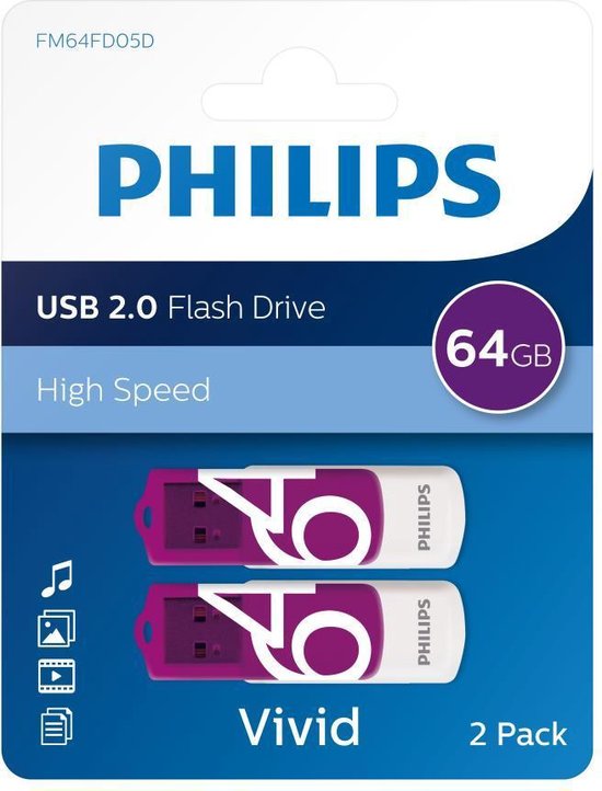 Philips FM64FD05D - USB 2.0 64GB - Vivid 2 stuks - Paars