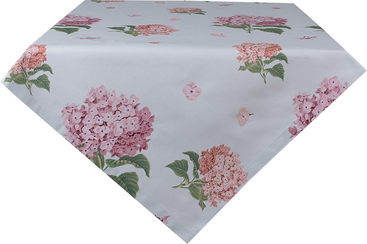 Clayre & Eef Tafelkleed 150x150 cm Wit Roze Katoen Vierkant Hortensia - Blauw