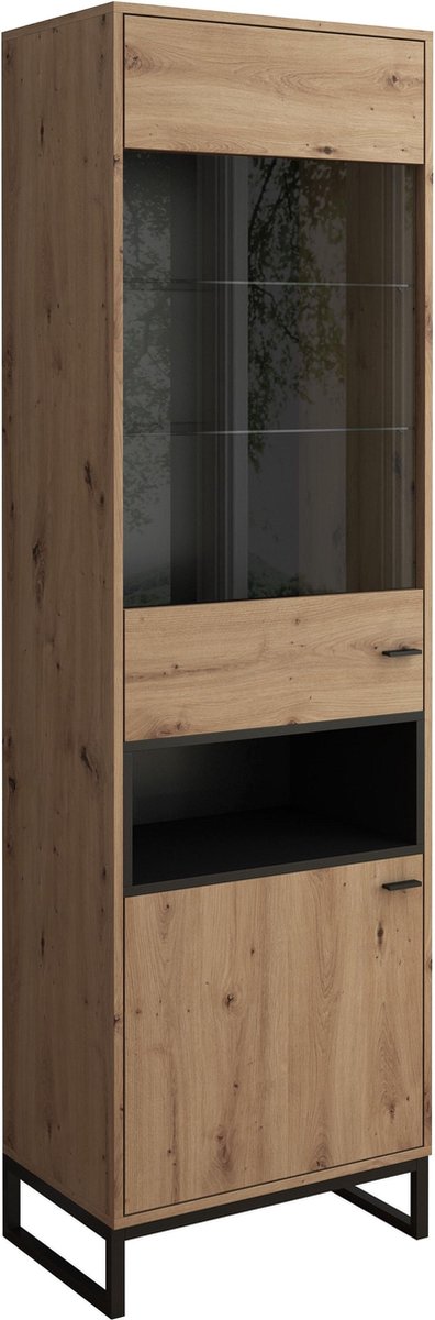 Meubella Vitrinekast Ozzy - Eiken - Zwart - 60 cm - Bruin