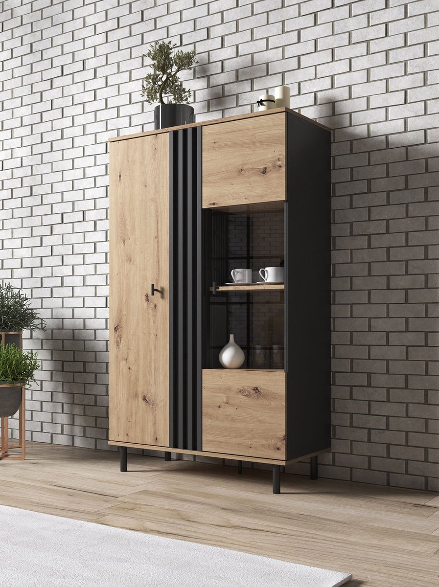 Meubella Vitrinekast Marcos - Eiken - Antraciet - 90 cm - Bruin