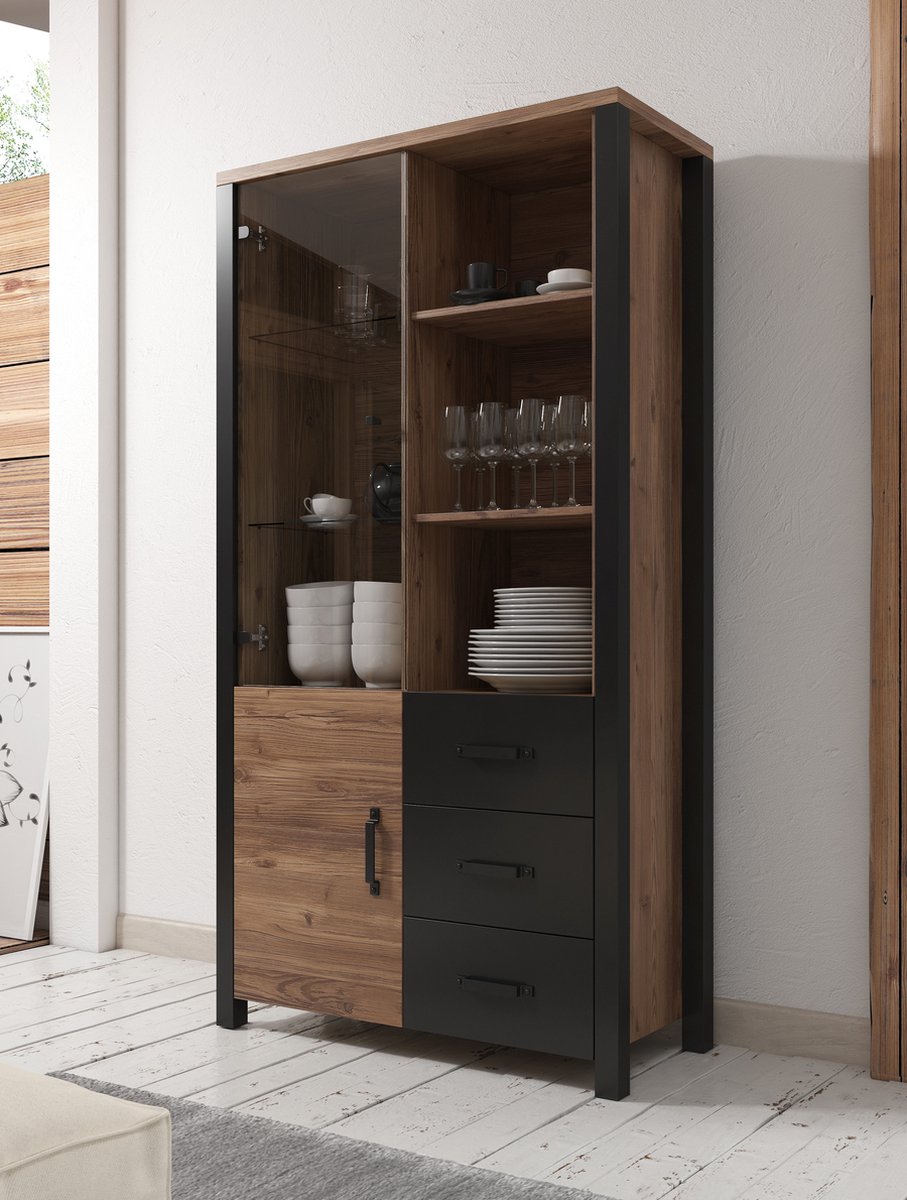 Meubella Vitrinekast Olivia - Zwart - Eiken - 101 cm - Hoog - Bruin