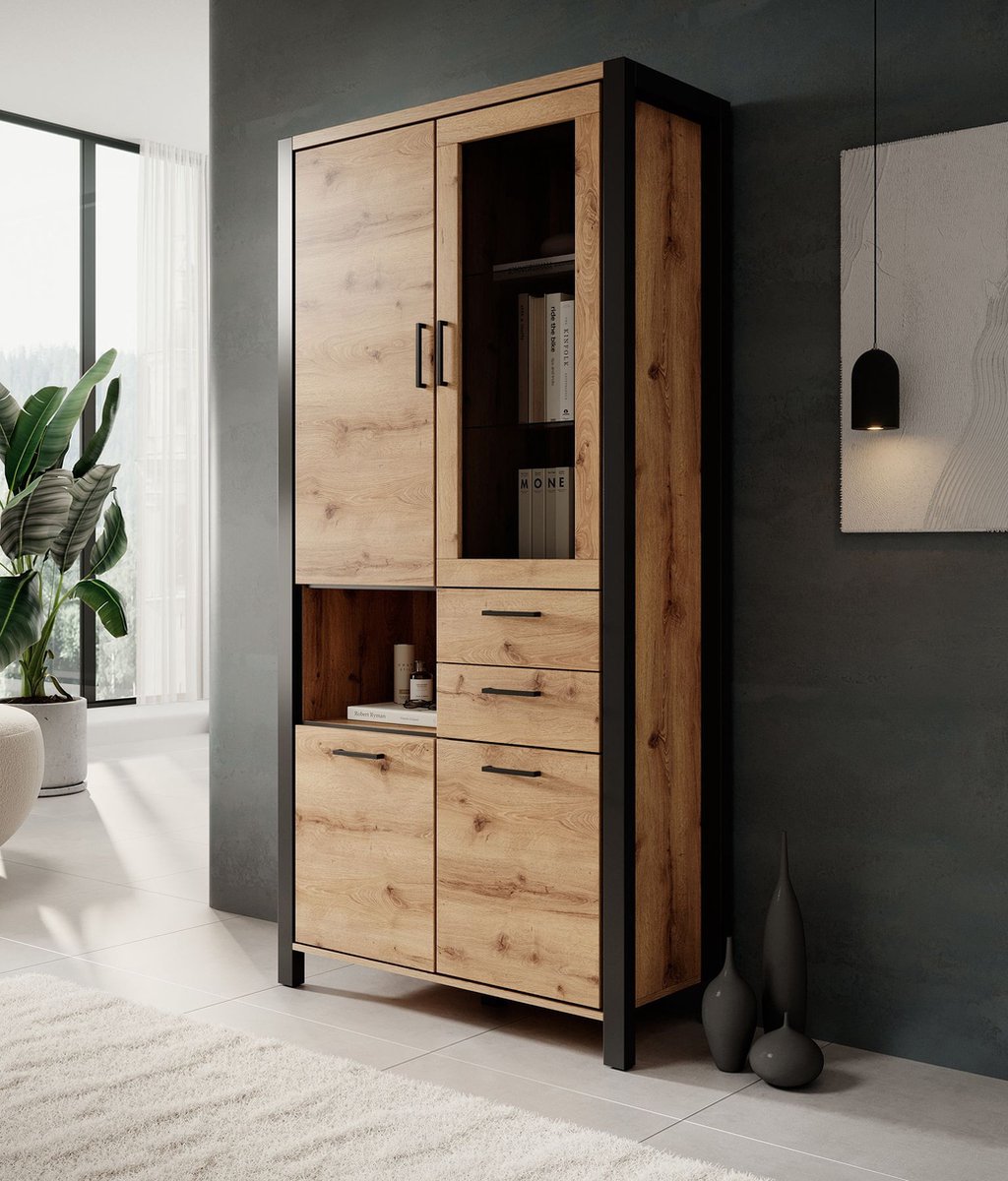 Meubella Vitrinekast Acapulco - Eiken - Zwart - 100 cm - Bruin