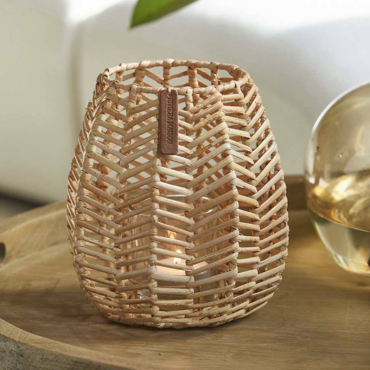 Rivièra Maison Riviera Maison theelichthouder Naturel - Hexagon - rotan, Glas - Beige