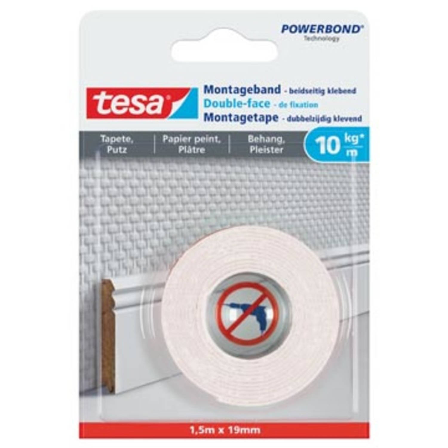 Tesa Powerbond montagetape Gevoelige Oppervlakken, 19 mm x 1,5 m