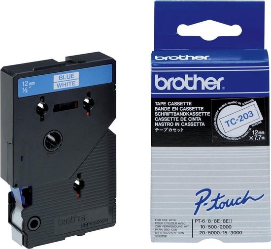 Brother TC-203 - 12mm - blue on white for PT-8E/ PT-2000 / PT-3000 / PT-5000