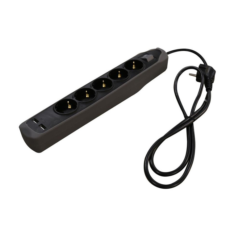 RELECTRIC Verlengsnoer/stekkerdoos met 5 contacten en 2x USB 1,5 m - - Zwart