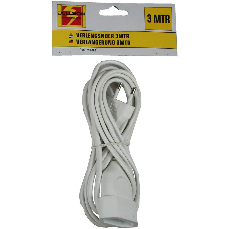 Benson Witte verlengsnoeren/verlengkabels voor platte stekkers 2x0.75mm2 tot 2300w 3 meter -