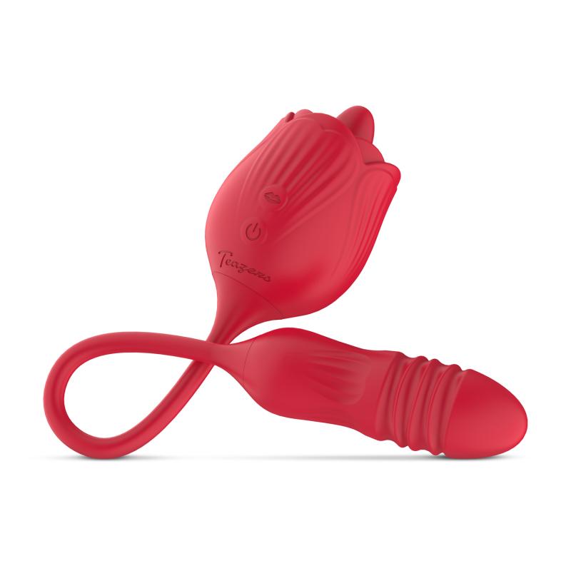 Teazers Roos Vibrator met Stotende Dildo - Rood