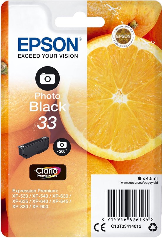 Epson Oranges Singlepack Photo Black 33 Claria Premium Ink - Zwart