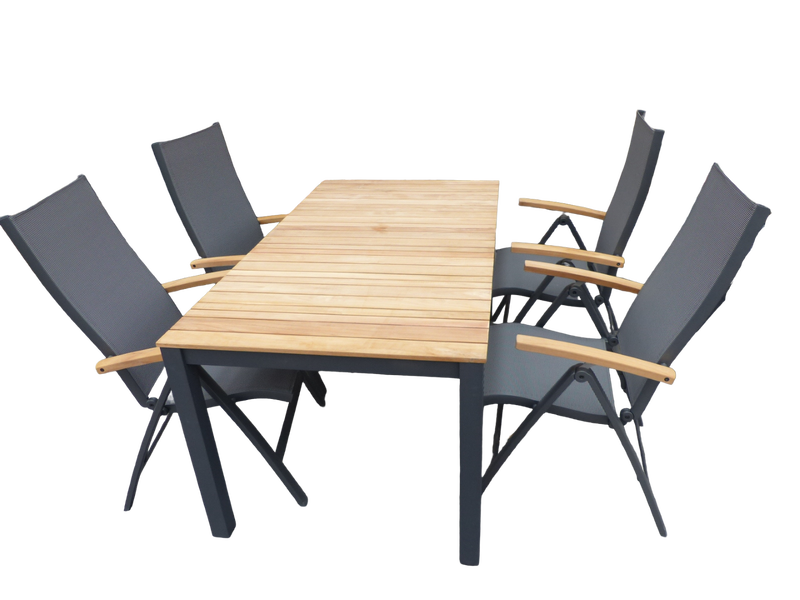 SUNS Set van Arashi tafel 169x90 cm grijs/teak en 4 Lucca stoelen antraciet/teak -