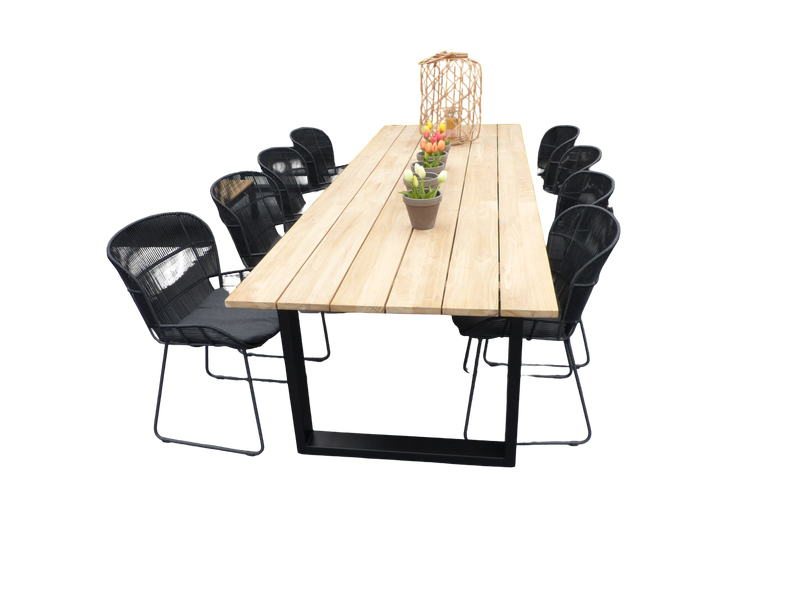 Set van Kaihou tafel 300x100x76 cm zwart/teak en 8 Faye stoelen lava incl. kussen - Yoi