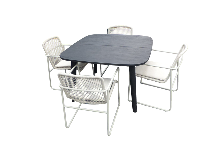 Set van Lennon tafel 120x120x76 cm charcoal en 4 Mira stoelen wit/taupe incl. kussen - Yoi