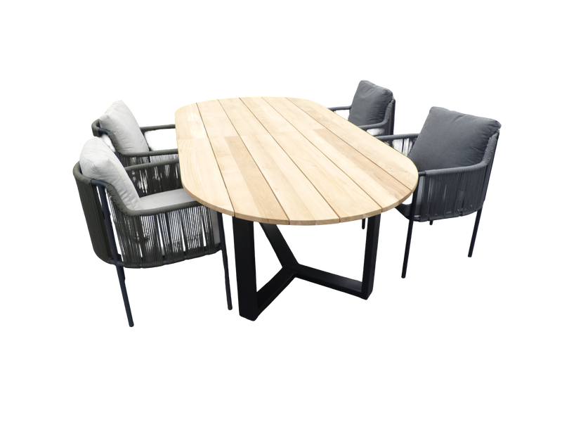 Set van Kaihou tafel 260x122x76 cm ovaal teak en 4 Umi stoelen zwart/grijs - Yoi