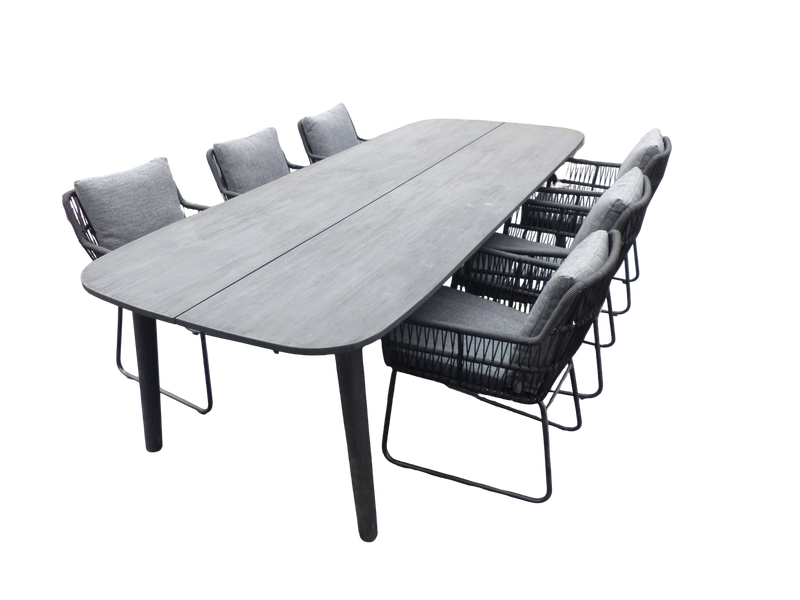 Set van Lennon tafel 280x110x76 cm charcoal en 6 Ran stoelen panther incl. kussens - Yoi