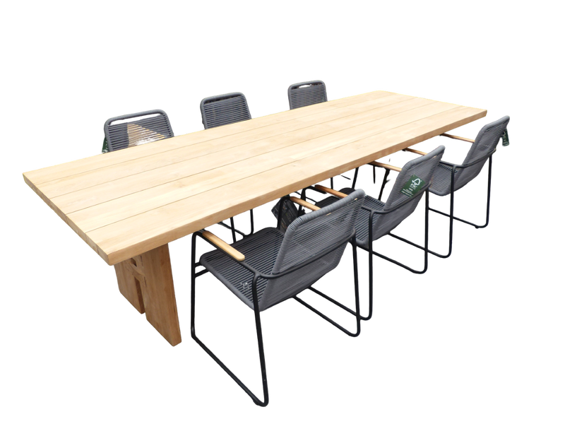Set van Zen tafel 300x100x75 cm teak en 6 Wasabi stoelen grijs incl. kussen - Yoi