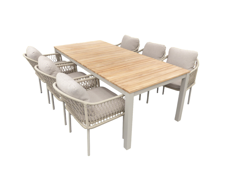 Set van Arashi tafel 220x100x76 cm salix/teak en 6 Rocha stoelen salix/flax beige - Yoi
