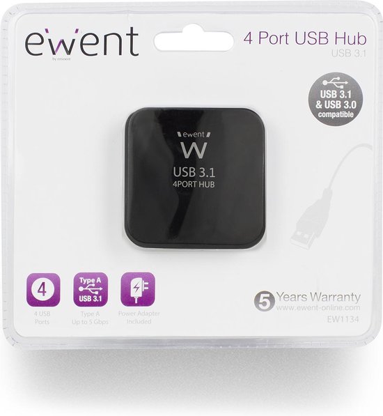 Ewent 4 Poorts USB 3.0 Gen1 Hub - Zwart