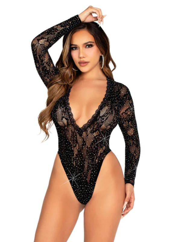 Leg Avenue Leg Avenue – Kant Bodysuit met Deep-V Hals – Zwart - Zwart