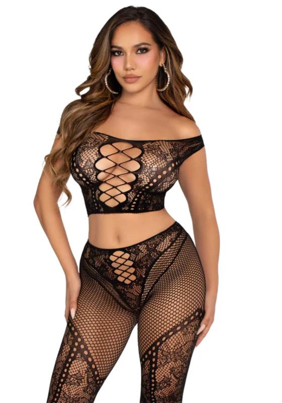 Leg Avenue – Off-Shoulder Crop Top & Legging Set – - Zwart - Zwart