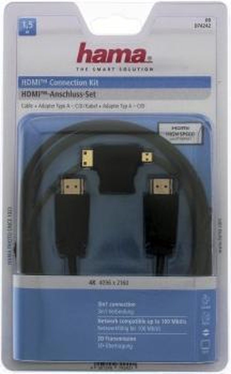Hama HDMI-kabel 1,5m UHD 3 sterren High Speed + HDMI-adapter