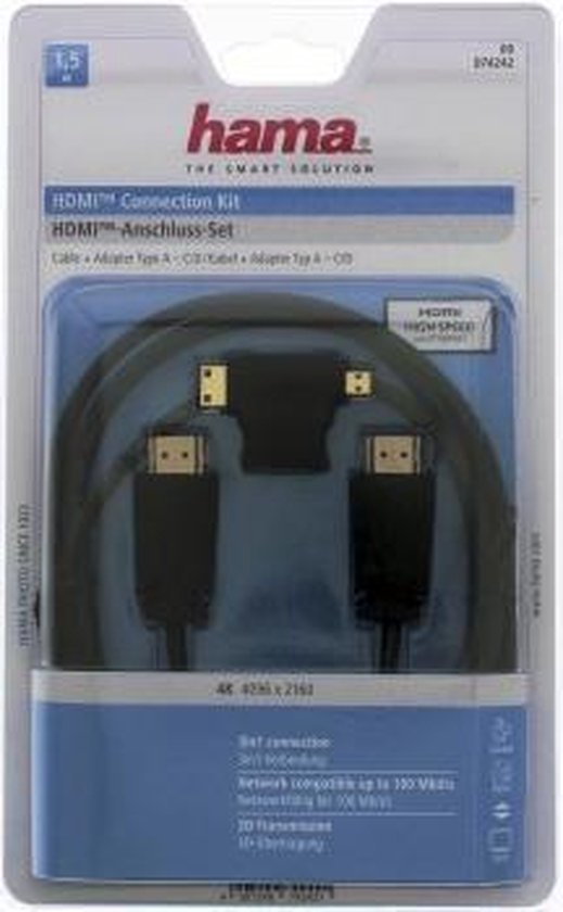 Hama HDMI-kabel 1,5m UHD 3 sterren High Speed + HDMI-adapter
