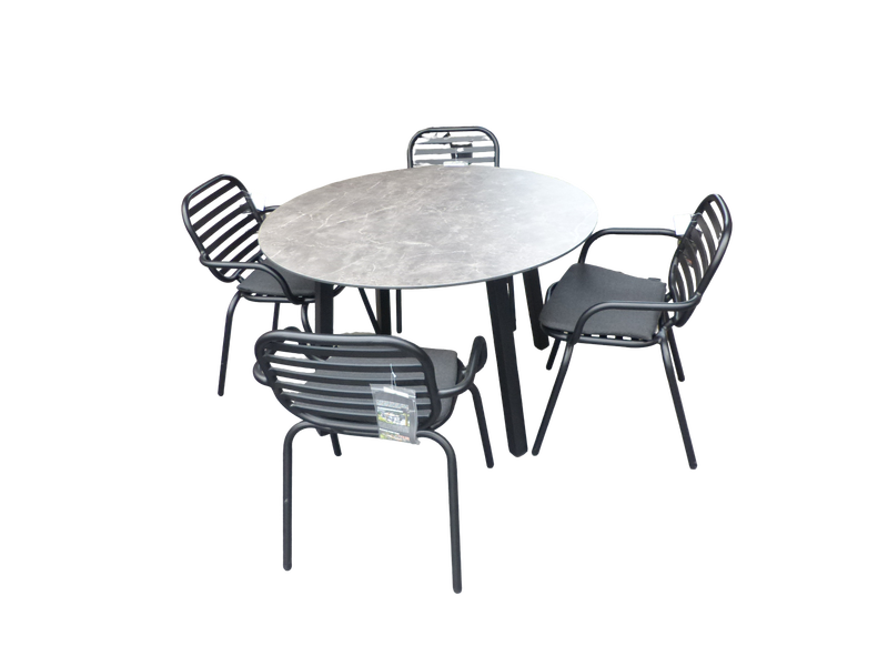 Set van Teeburu tafel 120 cm concrete en 4 Tomo stoelen zwart aluminium Yoi - Yoi