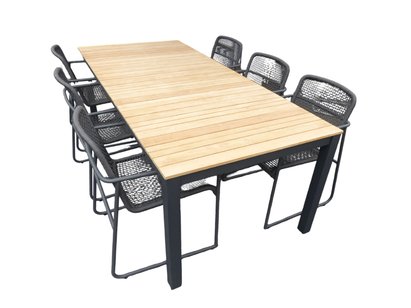 Set van Arashi tafel 220x100x76 cm grijs/teak en 6 Mira stoelen lava Yoi - Yoi