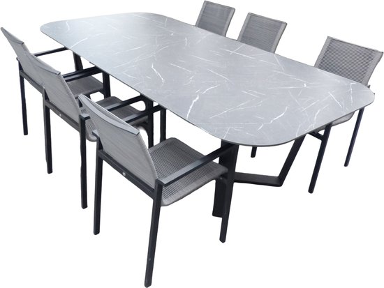Set van Teeburu tafel 240x120x76 cm oval slate en 6 Ishi stoelen zwart/grijs Yoi - Yoi