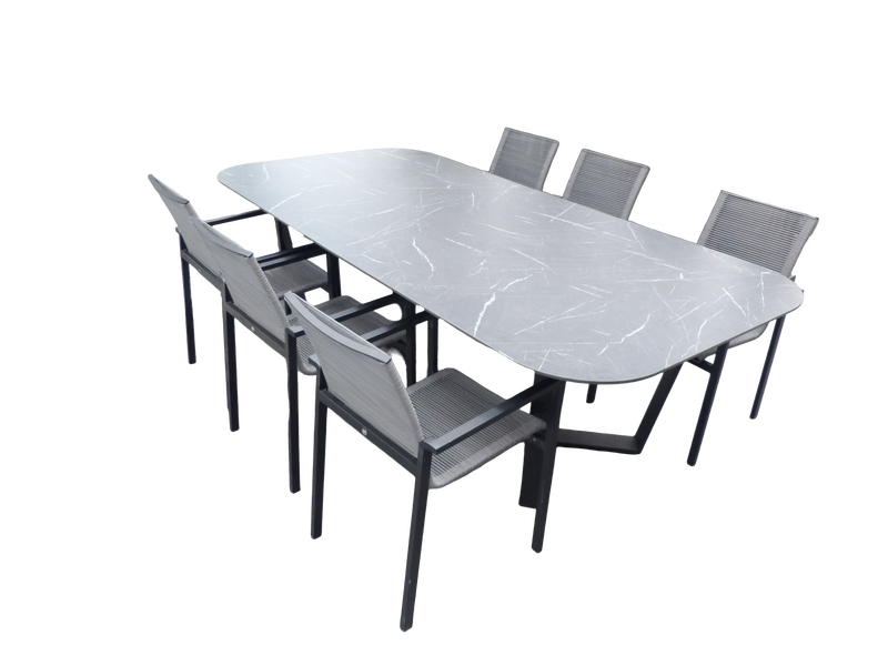 Set van Teeburu tafel 240x120x76 cm oval slate en 6 Ishi stoelen zwart/grijs Yoi - Yoi