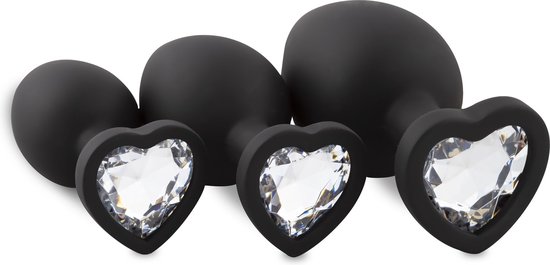 Anal Collection Siliconen Buttplug Set Met Diamantjes - Hart - Zwart