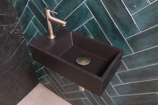 INK Contra Fontein - 40x22x10cm - wasbak rechts - 1 kraangat - polystone Quartz zwart 3403062