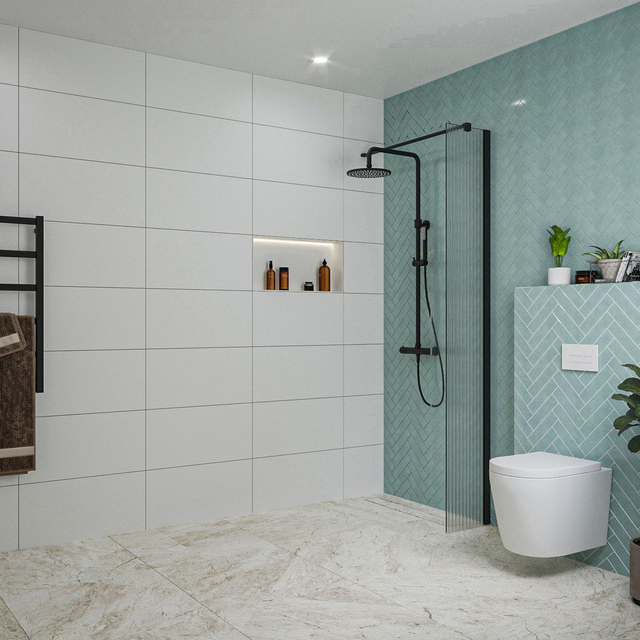 Fortifura Galeria inloopdouche - 30x200cm - ribbelglas - wandarm - mat zwart SW797945/SW797905