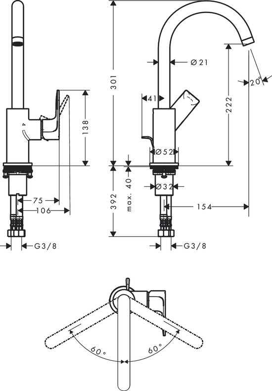 Hansgrohe Rebris E 1-gats wastafelkraan 210 m. draaibare uitloop m. waste mat zwart 72576670