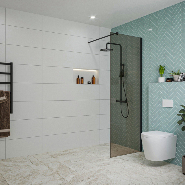 Fortifura Galeria inloopdouche - 80x200cm - rookglas - wandarm - mat zwart SW797939/SW797905