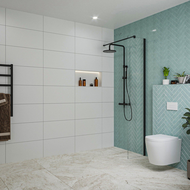 Fortifura Galeria inloopdouche - 40x200cm - helder glas - wandarm - mat zwart SW797911/SW797905