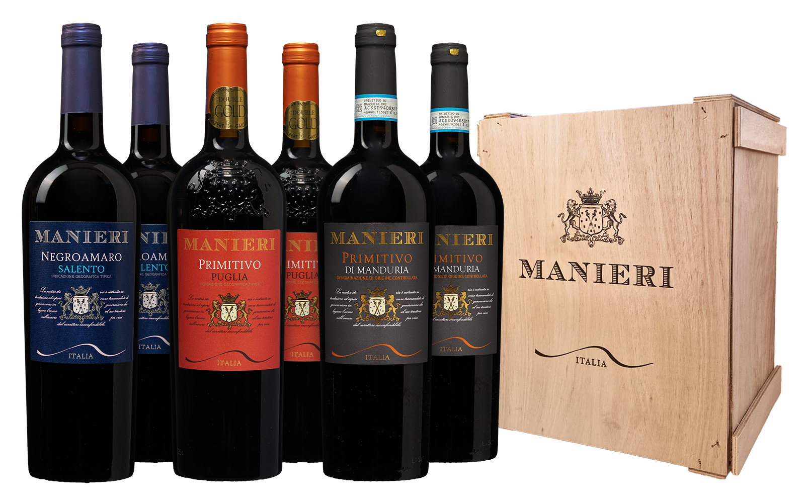 Wijnvoordeel Manieri Primitivo, Negroamaro en Manduria in luxe wijnkist - Rood