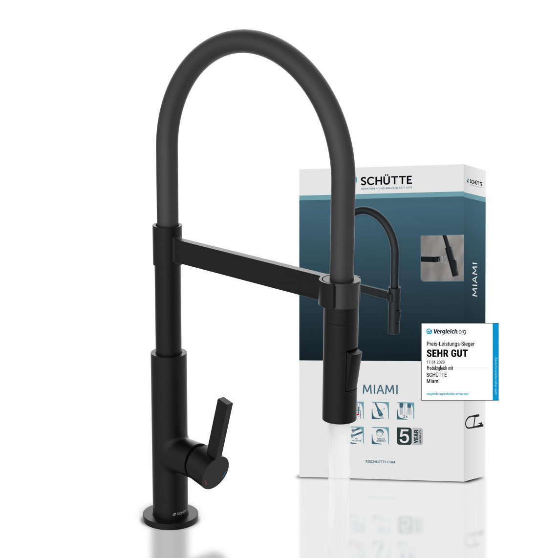 Schütte Schütte MIAMI Keukenkraan Mat Zwart – 360° Uitloop&Uittrekbare Douche