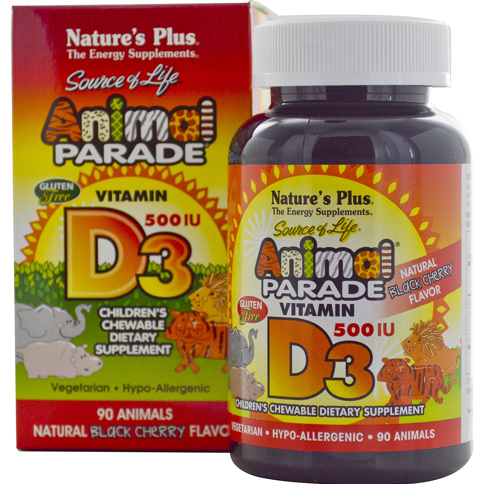 Nature&apos;s Plus Vitamin D3, Natural Black Cherry Flavor, 500 IU (90 Animals) - Nature&apos;s Plus