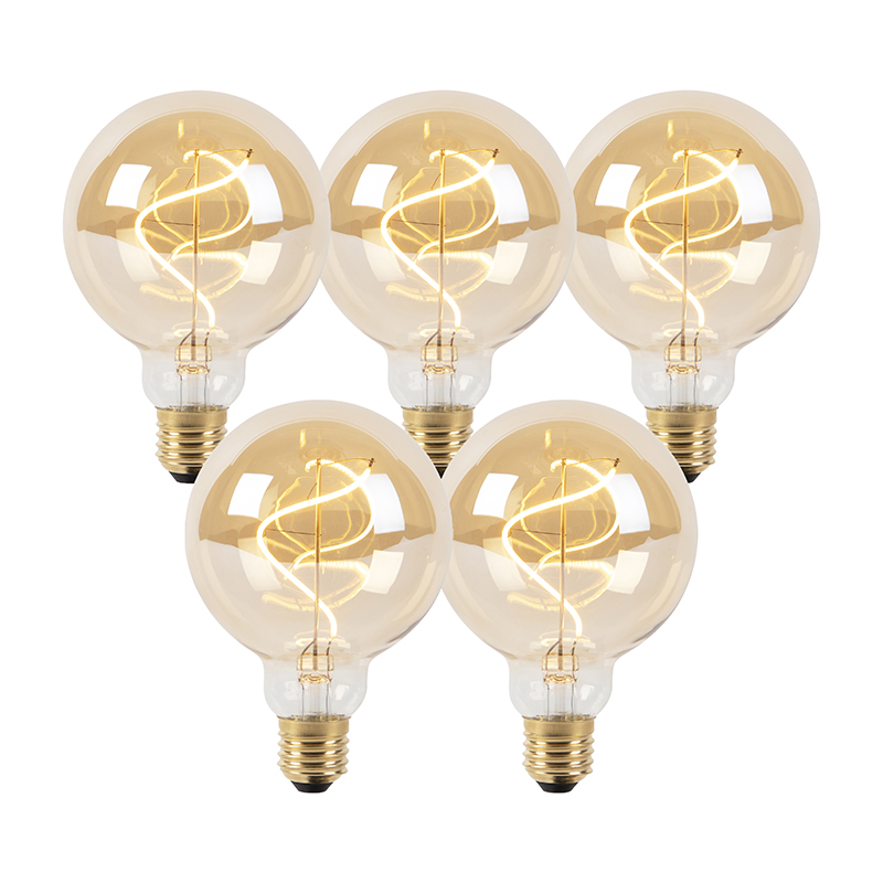 Set van 5 E27 dimbare LED lampen spiraal G95 goud 4W 270 lm 2100K