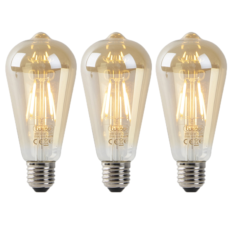Set van 3 E27 LED lampen ST64 goud met licht-donker sensor 4W 400 lm 2200K