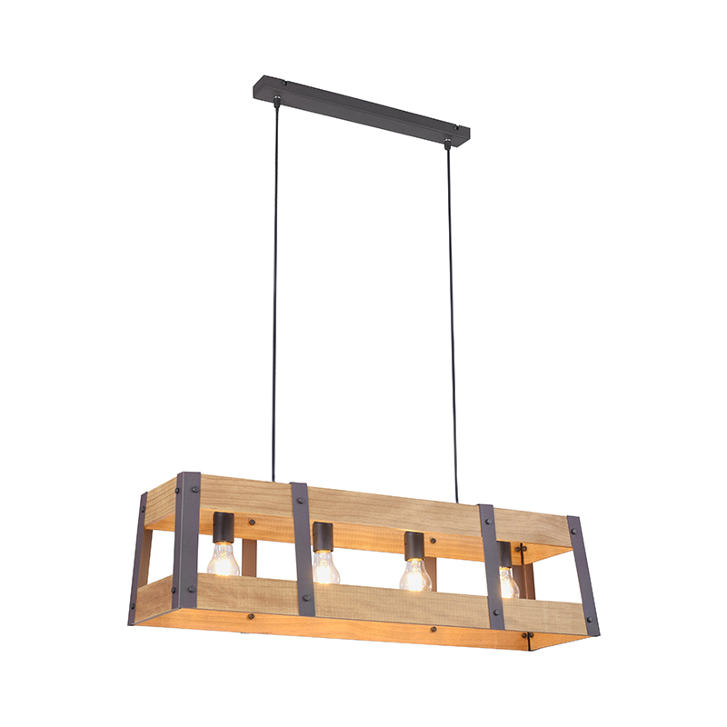 Paul Neuhaus Industriële hanglamp zwart met hout 4-lichts - Krati - Bruin
